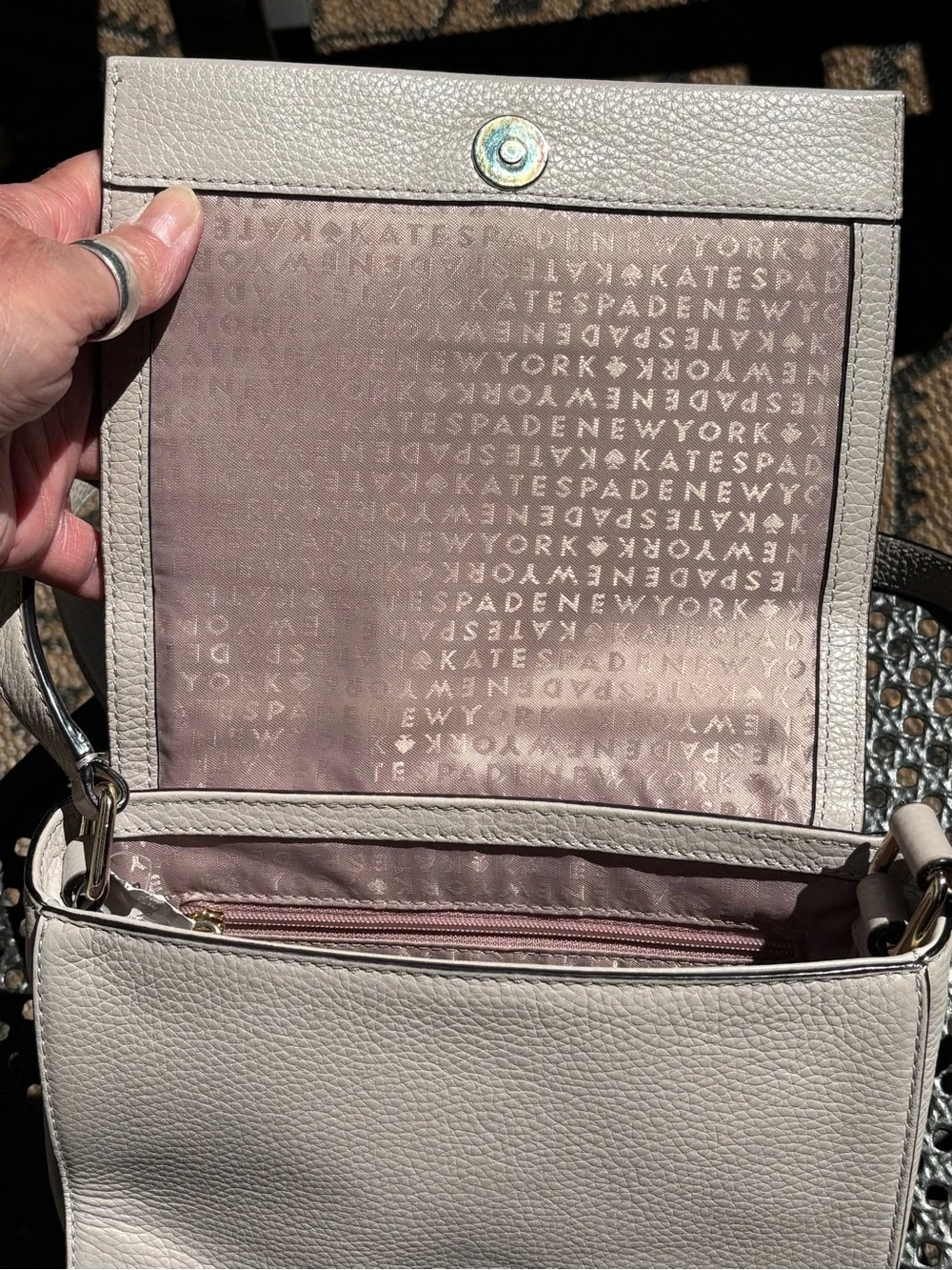 kate spade Peony GRAY with pink interior Pebbled Leather Bow Crossbody